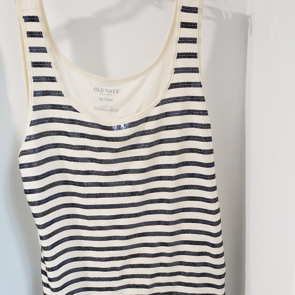 Old navy XXL cream tank with metallic navy sequin stripes